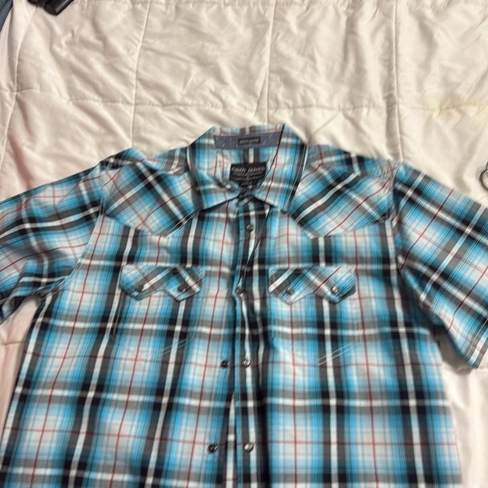 Blue and Black Casual Button Down Shirt with Plaid Design